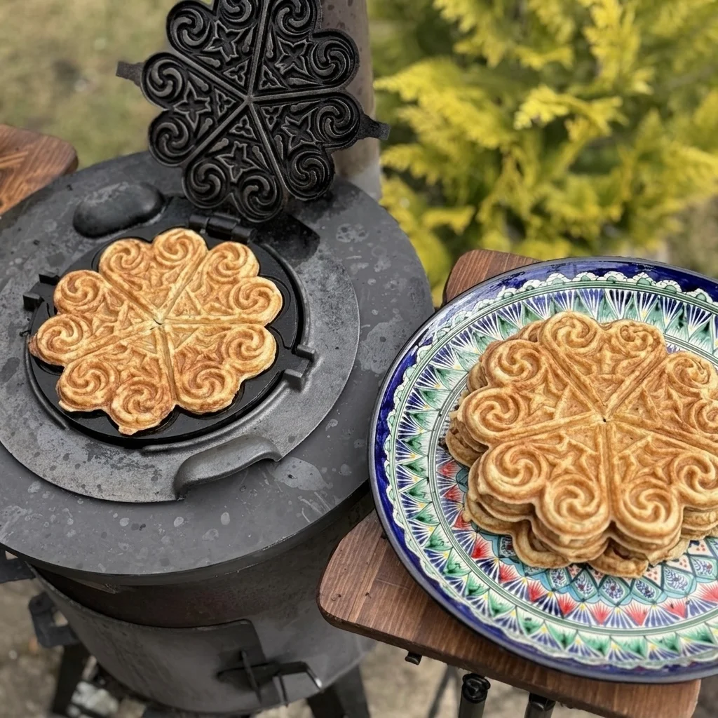 Ornamental heart-shaped waffle pan with freshly baked waffles