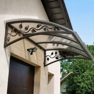 Wrought metal awning above the door