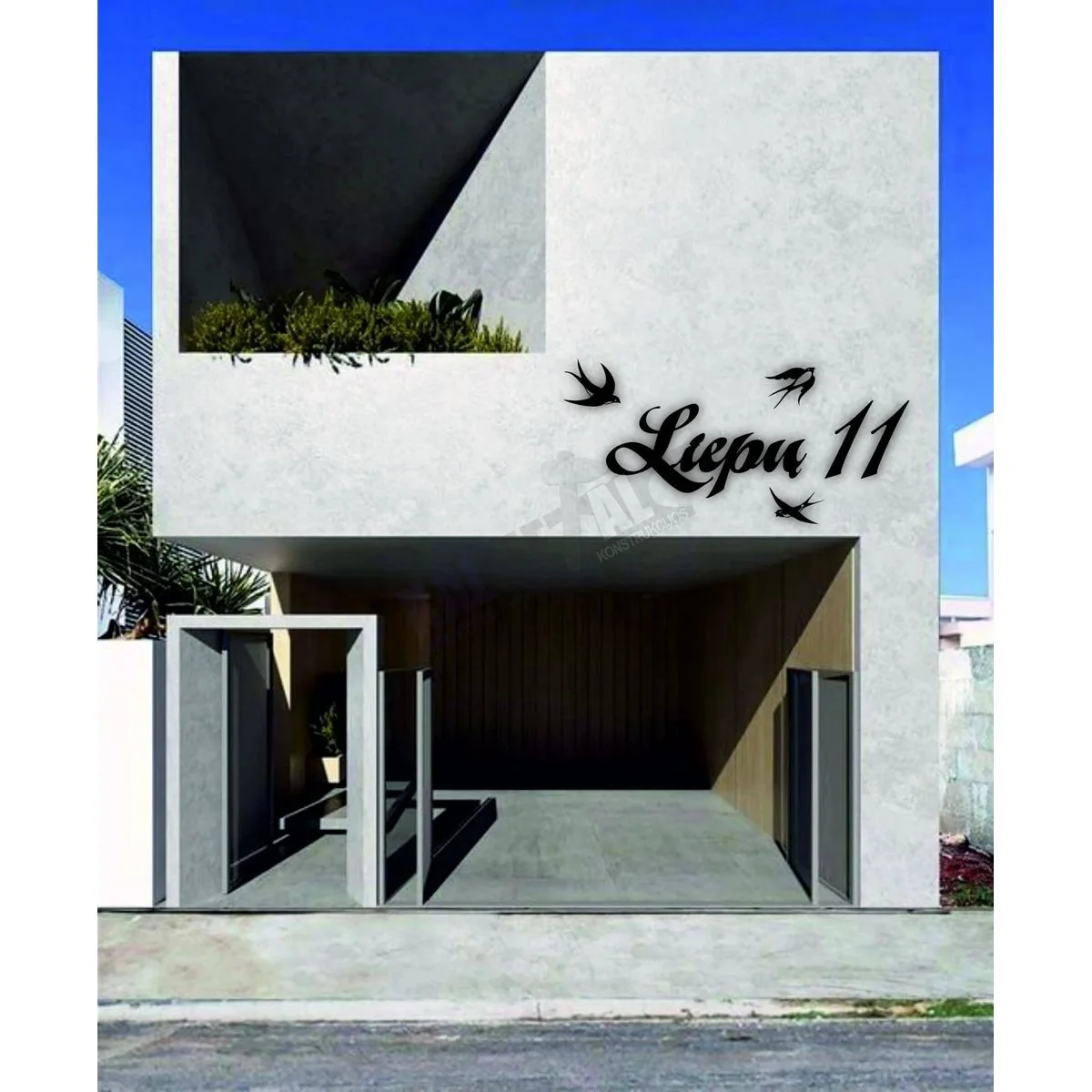 Stylish street name and number with three swallows