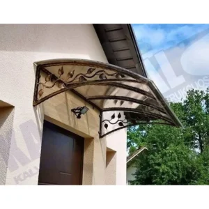 Blacksmith-style canopy above the door