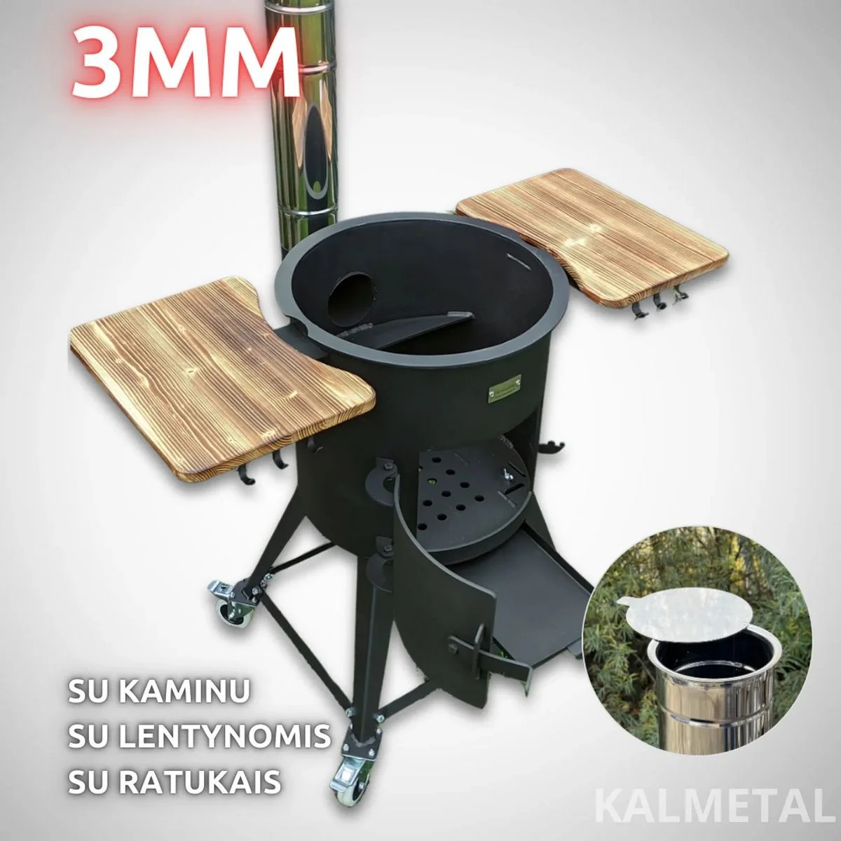 PREMIUM 3MM stove from 8L to 22L with chimney, shelves, and wheels